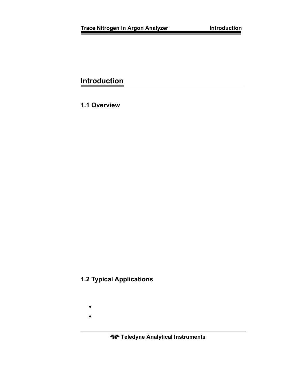 1 overview, 2 typical applications, Introduction | Teledyne 2120 - Trace Nitrogen in Argon Analyzer User Manual | Page 11 / 66