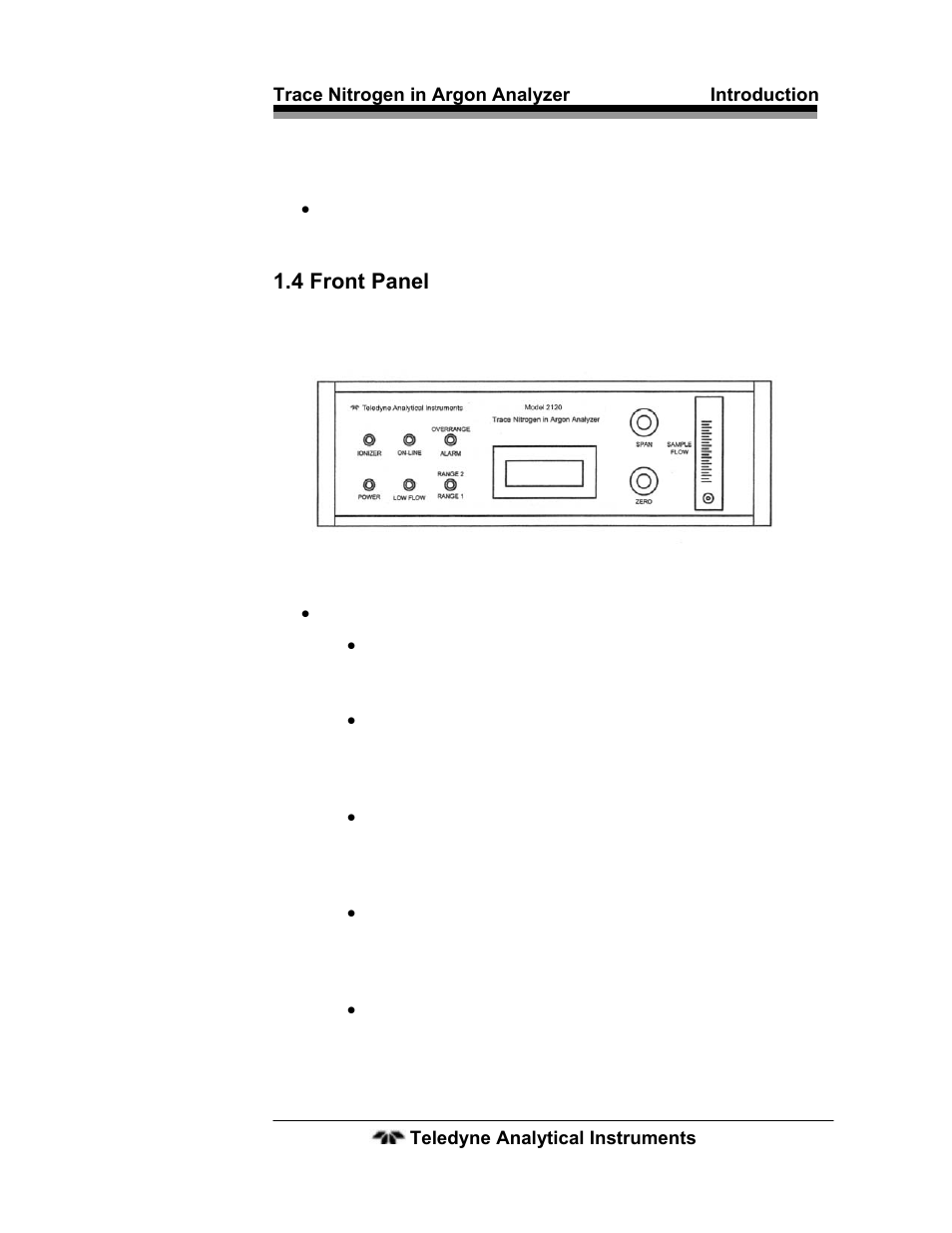4 front panel, Figure 1-1 model 2120 front panel | Teledyne 2120 - Trace Nitrogen in Argon Analyzer User Manual | Page 13 / 66