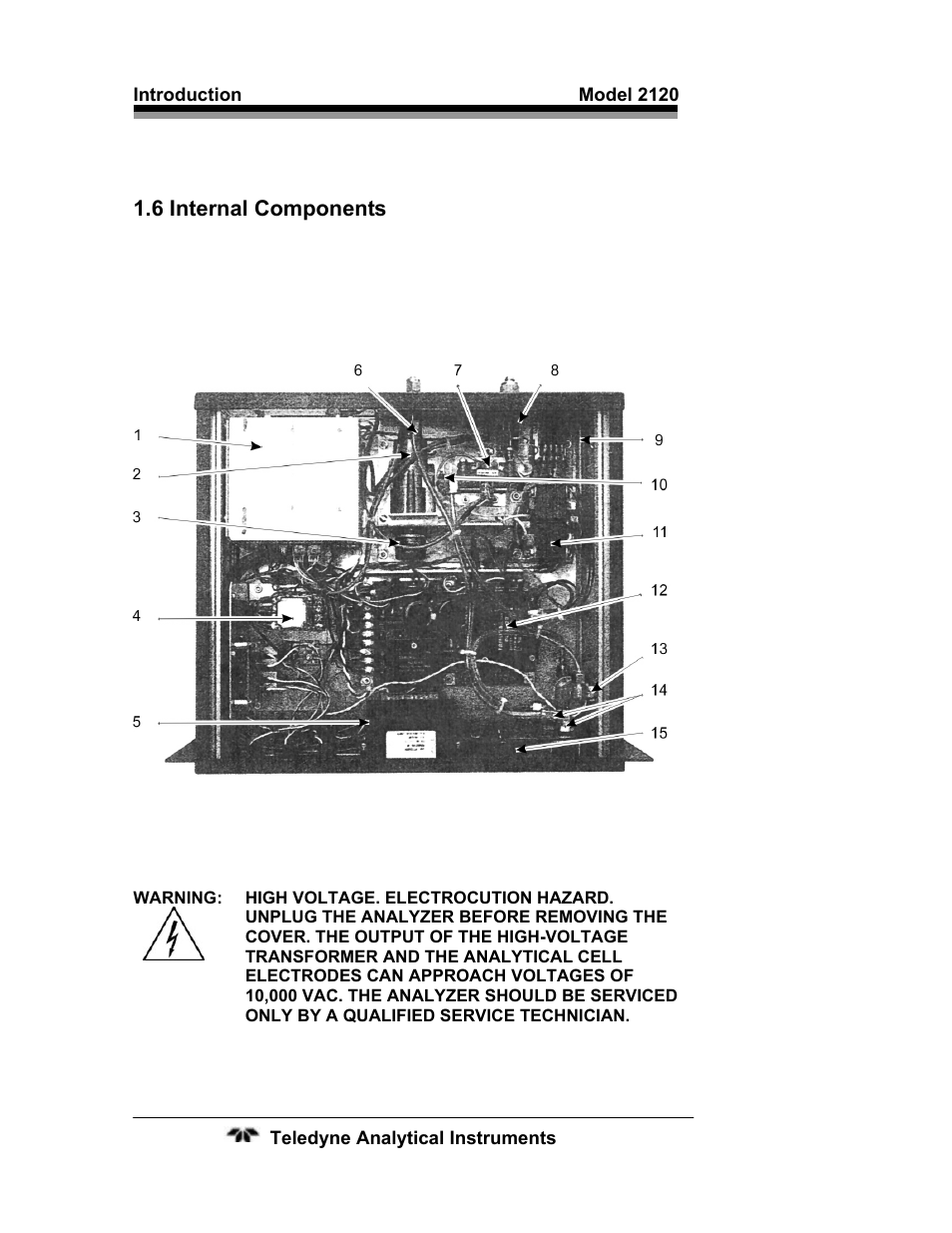 6 internal components, Figure 1-3: internal component identification | Teledyne 2120 - Trace Nitrogen in Argon Analyzer User Manual | Page 16 / 66