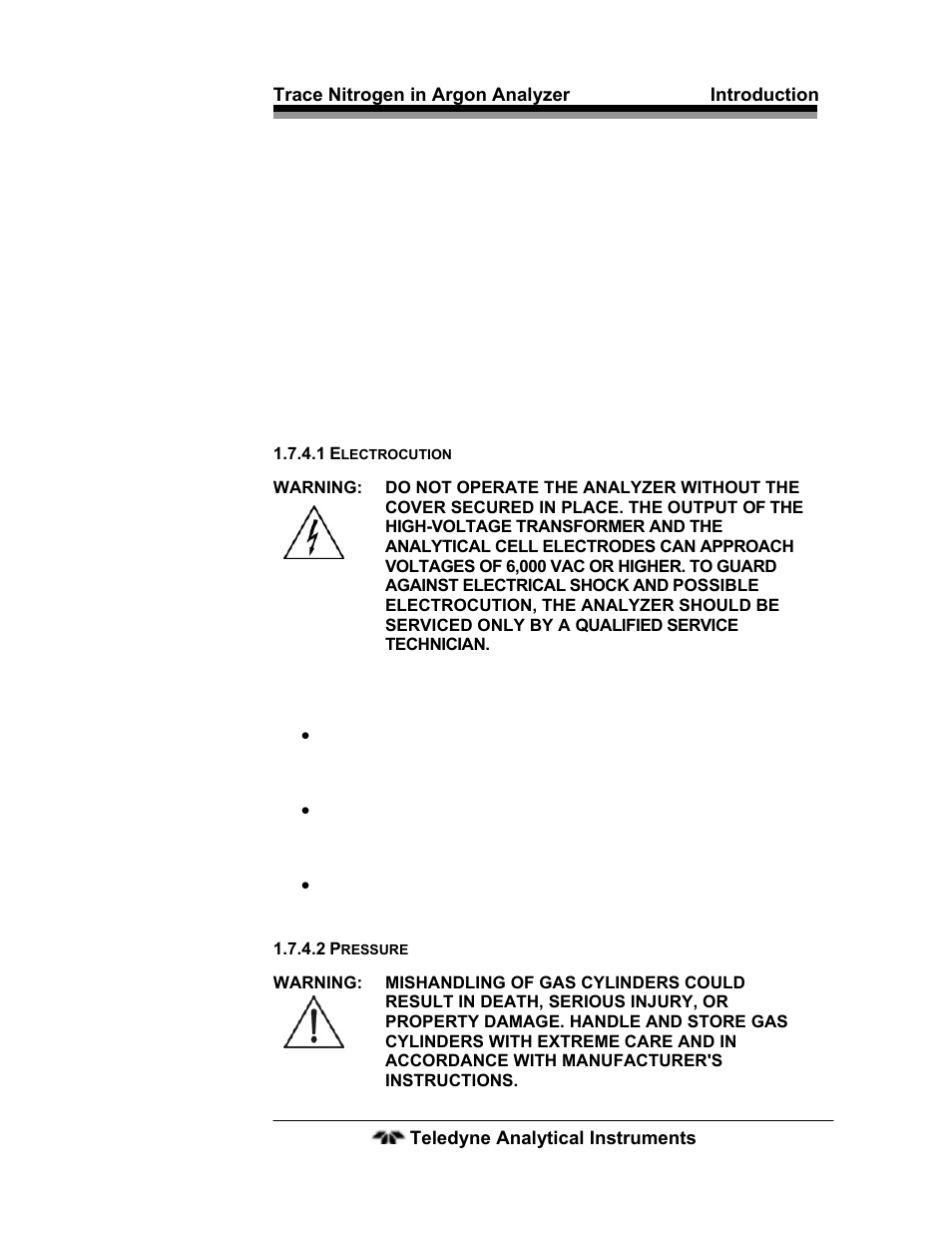 4 summary of known hazards, 1 electrocution, 2 pressure | 4 summary of known hazards 11, 1 electrocution 11, 2 pressure 11 | Teledyne 2120 - Trace Nitrogen in Argon Analyzer User Manual | Page 21 / 66