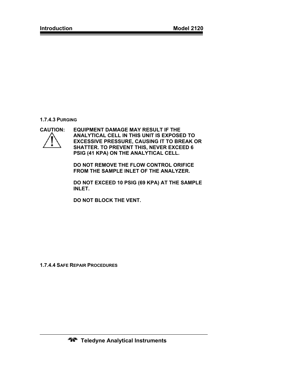 3 purging, 4 safe repair procedures, 3 purging 12 | 4 safe repair procedures 12 | Teledyne 2120 - Trace Nitrogen in Argon Analyzer User Manual | Page 22 / 66
