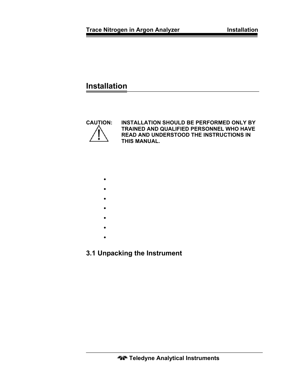 1 unpacking the instrument, Installation, 1 unpacking the instrument 19 | Teledyne 2120 - Trace Nitrogen in Argon Analyzer User Manual | Page 29 / 66