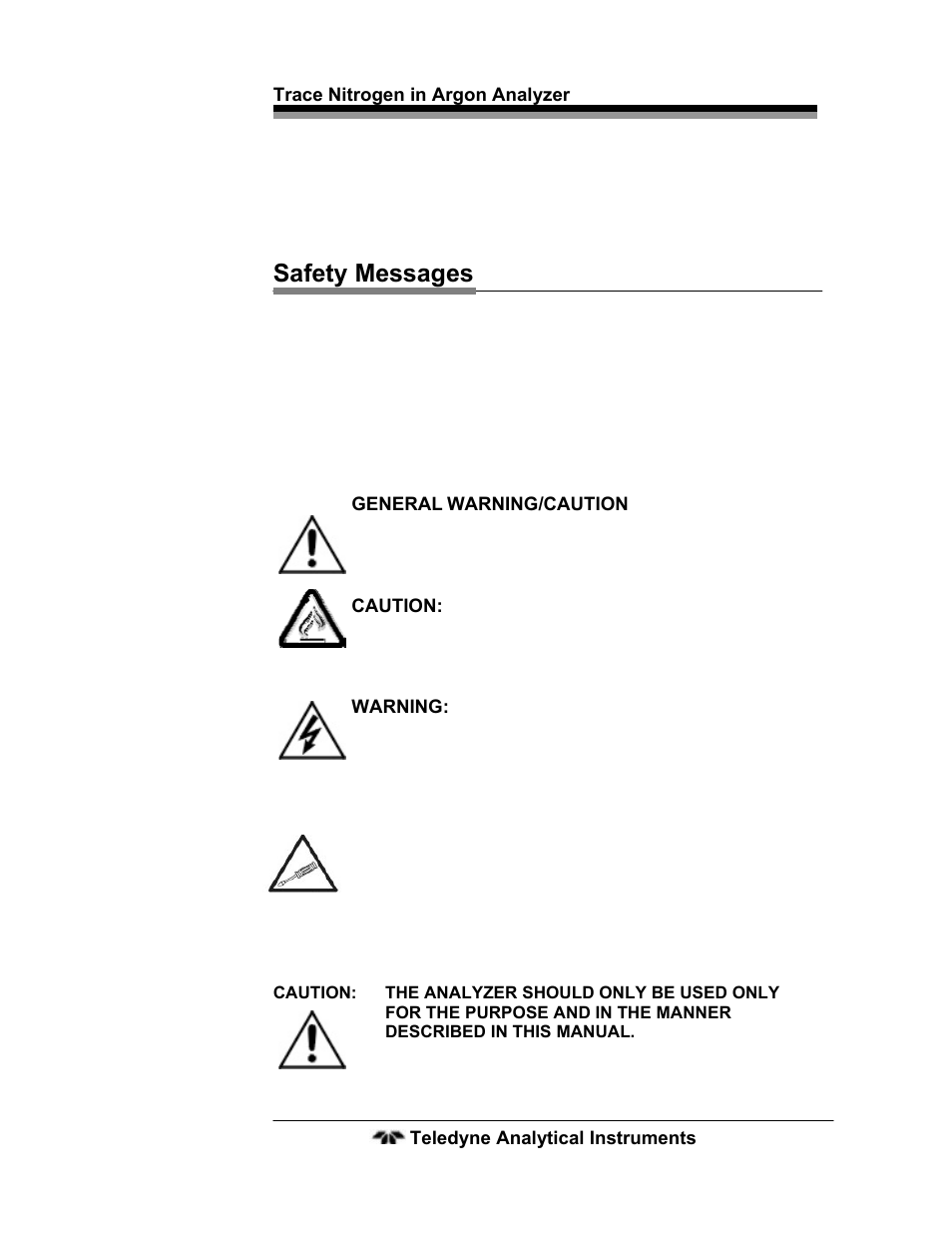 Safety messages | Teledyne 2120 - Trace Nitrogen in Argon Analyzer User Manual | Page 3 / 66