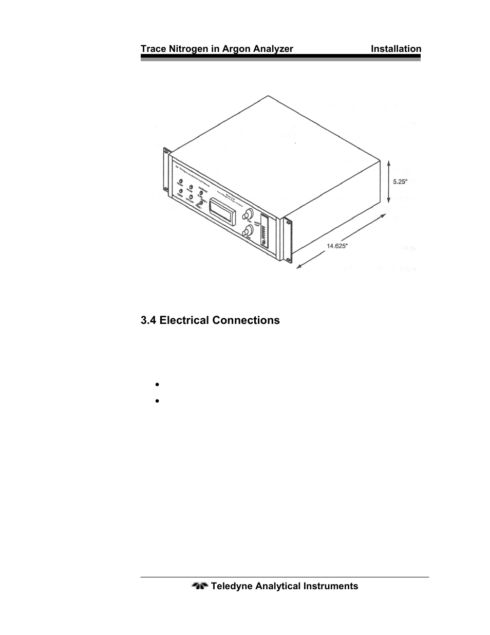 4 electrical connections, 4 electrical connections 21, Figure 3-1: analyzer dimensions | Teledyne 2120 - Trace Nitrogen in Argon Analyzer User Manual | Page 31 / 66