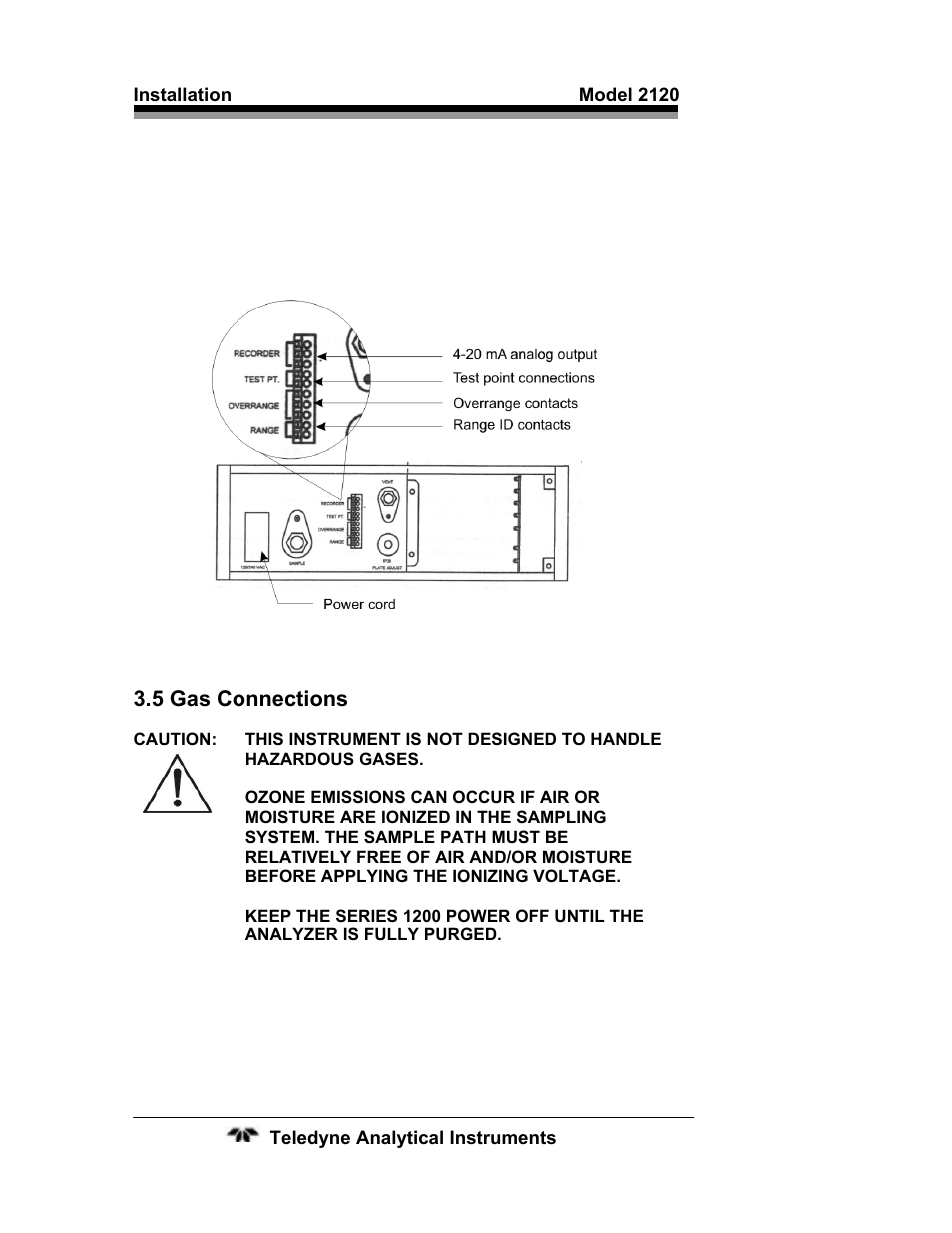 5 gas connections, 5 gas connections 22, Figure 3-2: electrical connections | Teledyne 2120 - Trace Nitrogen in Argon Analyzer User Manual | Page 32 / 66