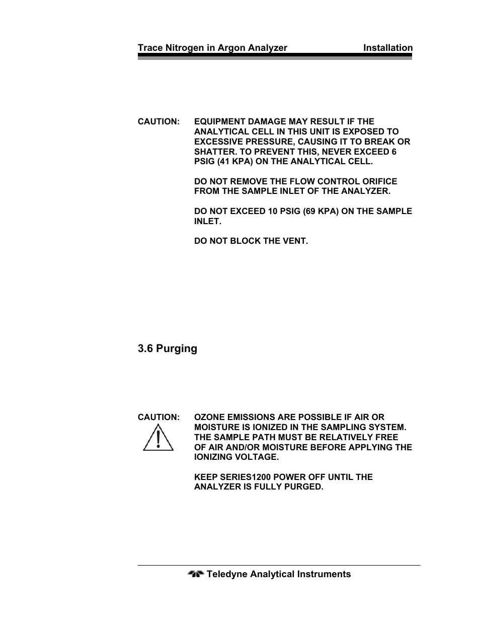 2 gas connections to the instrument, 6 purging, 2 gas connections to the instrument 25 | 6 purging 25 | Teledyne 2120 - Trace Nitrogen in Argon Analyzer User Manual | Page 35 / 66