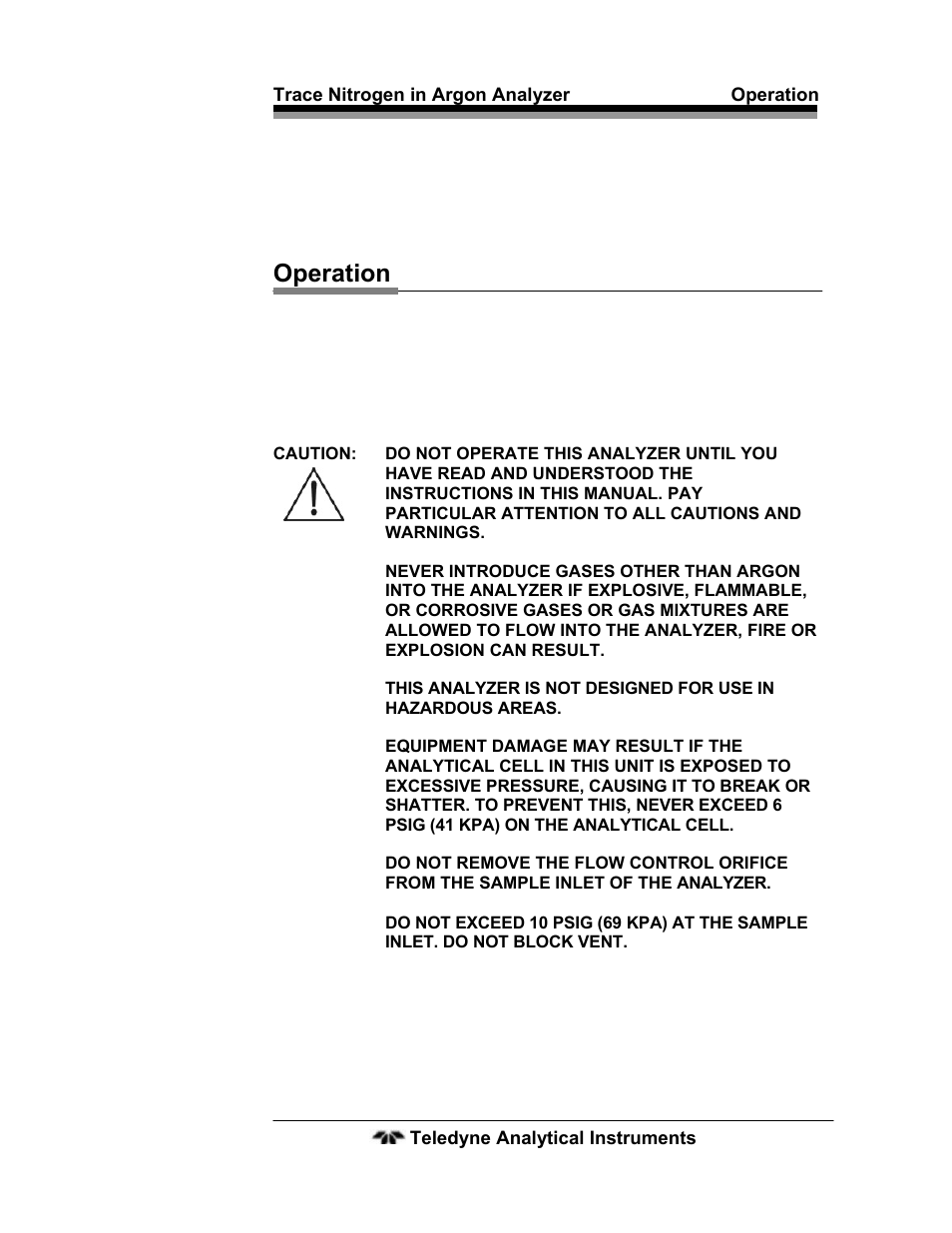 Operation | Teledyne 2120 - Trace Nitrogen in Argon Analyzer User Manual | Page 39 / 66