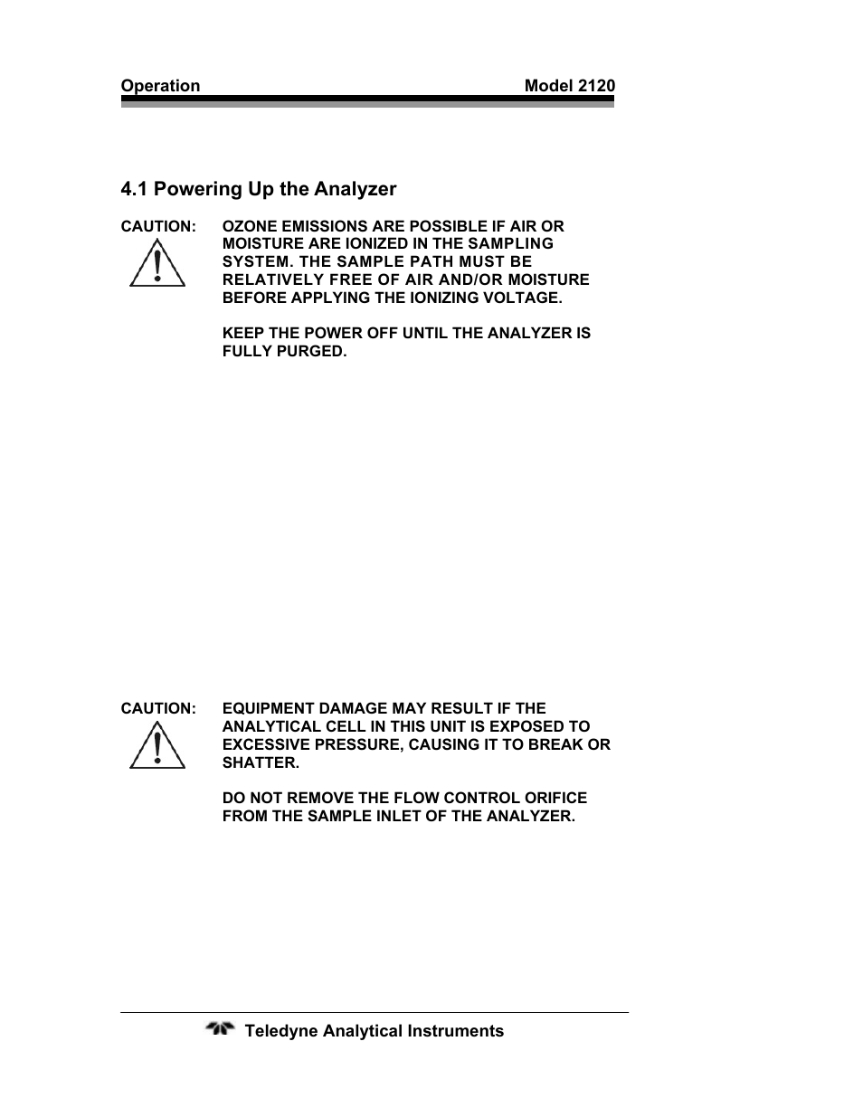 1 powering up the analyzer, 1 powering up the analyzer 30 | Teledyne 2120 - Trace Nitrogen in Argon Analyzer User Manual | Page 40 / 66