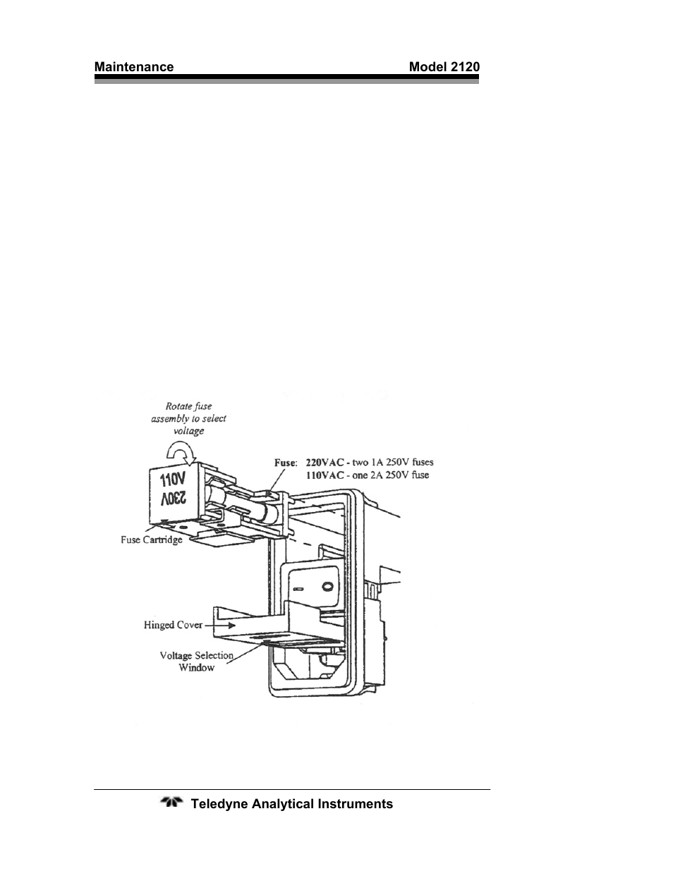 1 voltage selection and fuse changing, 1 voltage selection and fuse changing 42, Figure 5-1: power entry module | Teledyne 2120 - Trace Nitrogen in Argon Analyzer User Manual | Page 52 / 66