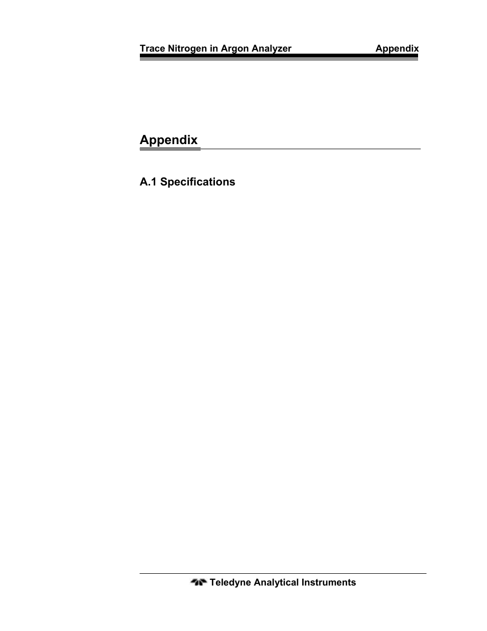 A.1 specifications, Appendix, A.1 specifications 51 | Teledyne 2120 - Trace Nitrogen in Argon Analyzer User Manual | Page 61 / 66