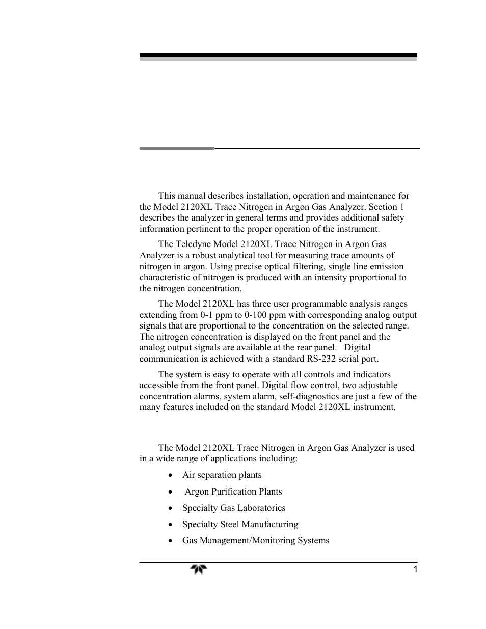 Introduction | Teledyne 2120XL - Trace Nitrogen Analyzer User Manual | Page 13 / 85