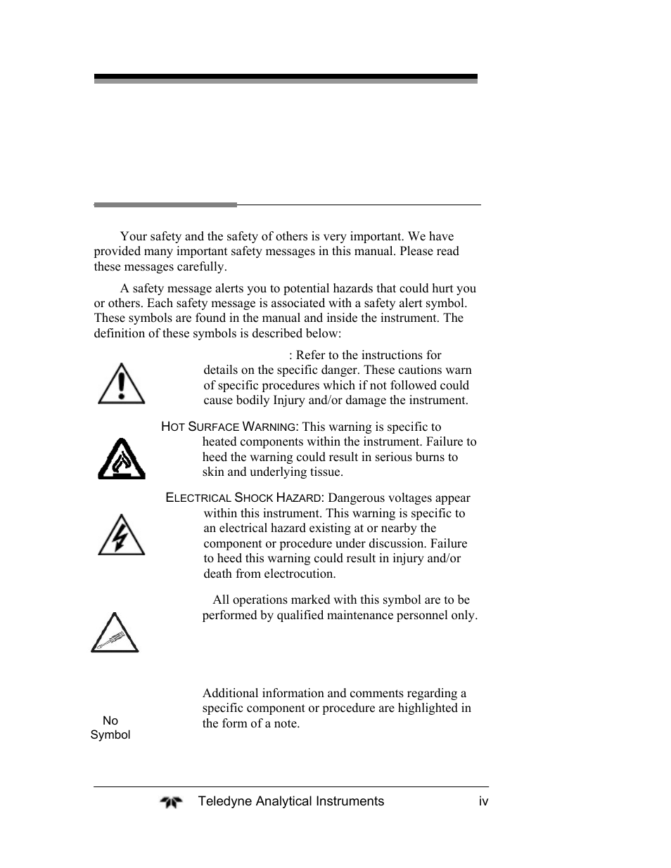 Safety messages | Teledyne 2120XL - Trace Nitrogen Analyzer User Manual | Page 4 / 85