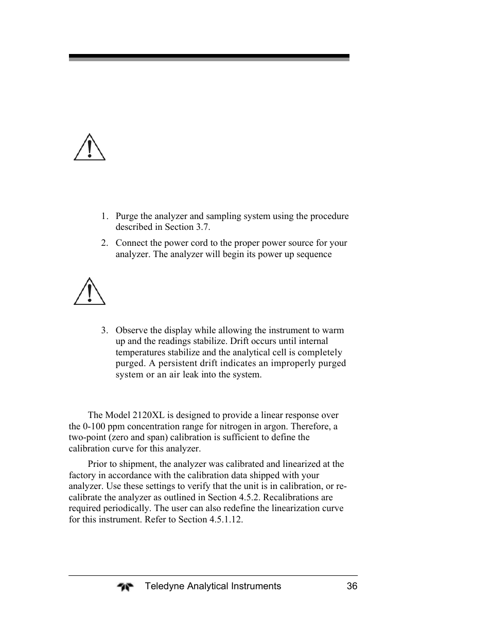 1 powering up the analyzer, 2 zero and span calibration | Teledyne 2120XL - Trace Nitrogen Analyzer User Manual | Page 48 / 85