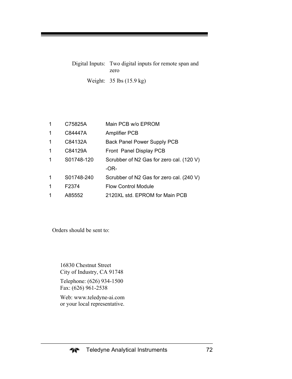 A.2 recommended replacement parts list | Teledyne 2120XL - Trace Nitrogen Analyzer User Manual | Page 84 / 85