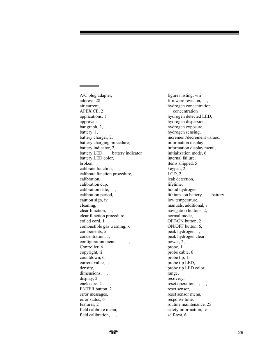 Index | Teledyne 2240 - Portable Handheld Hydrogen Leak Detector, 3rd generation (revision 2/29/08) User Manual | Page 39 / 40