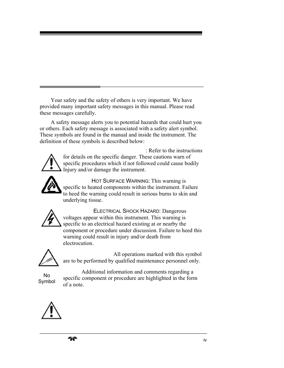 Safety messages | Teledyne 2240 - Portable Handheld Hydrogen Leak Detector, 3rd generation (revision 2/29/08) User Manual | Page 4 / 40