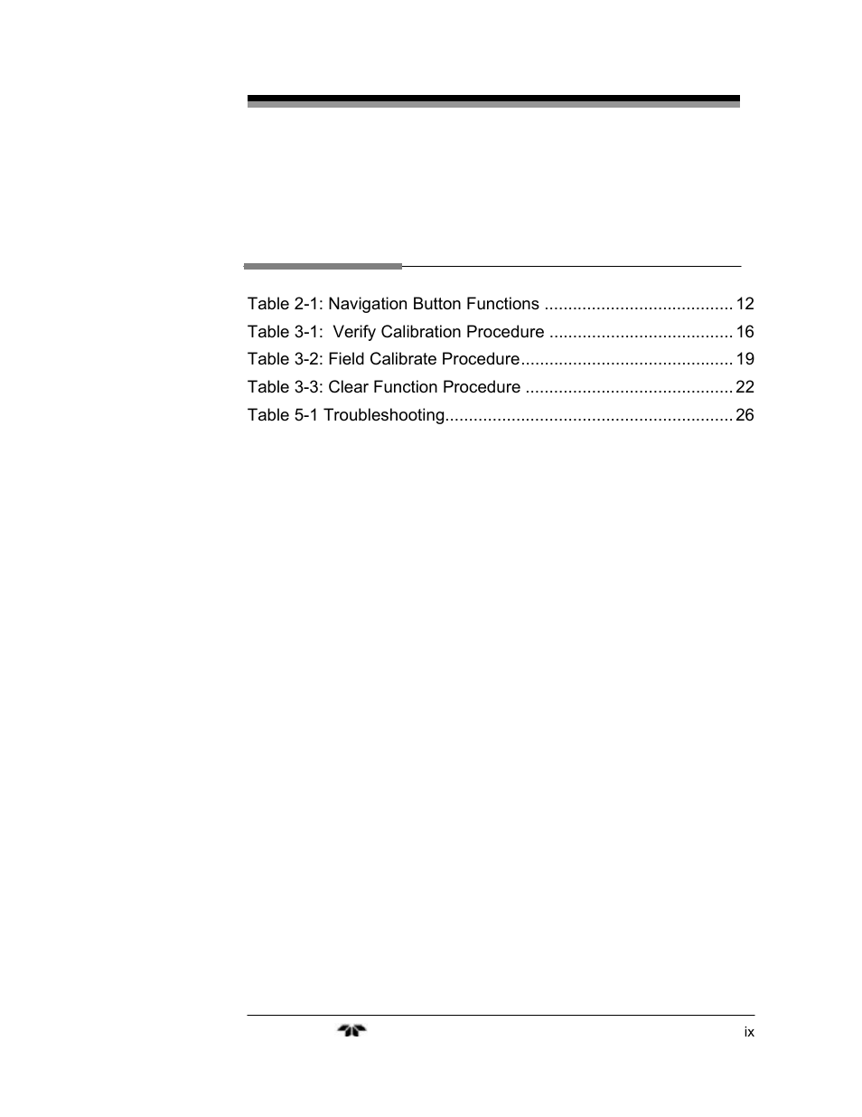 List of tables | Teledyne 2240 - Portable Handheld Hydrogen Leak Detector, 3rd generation (revision 2/29/08) User Manual | Page 9 / 40