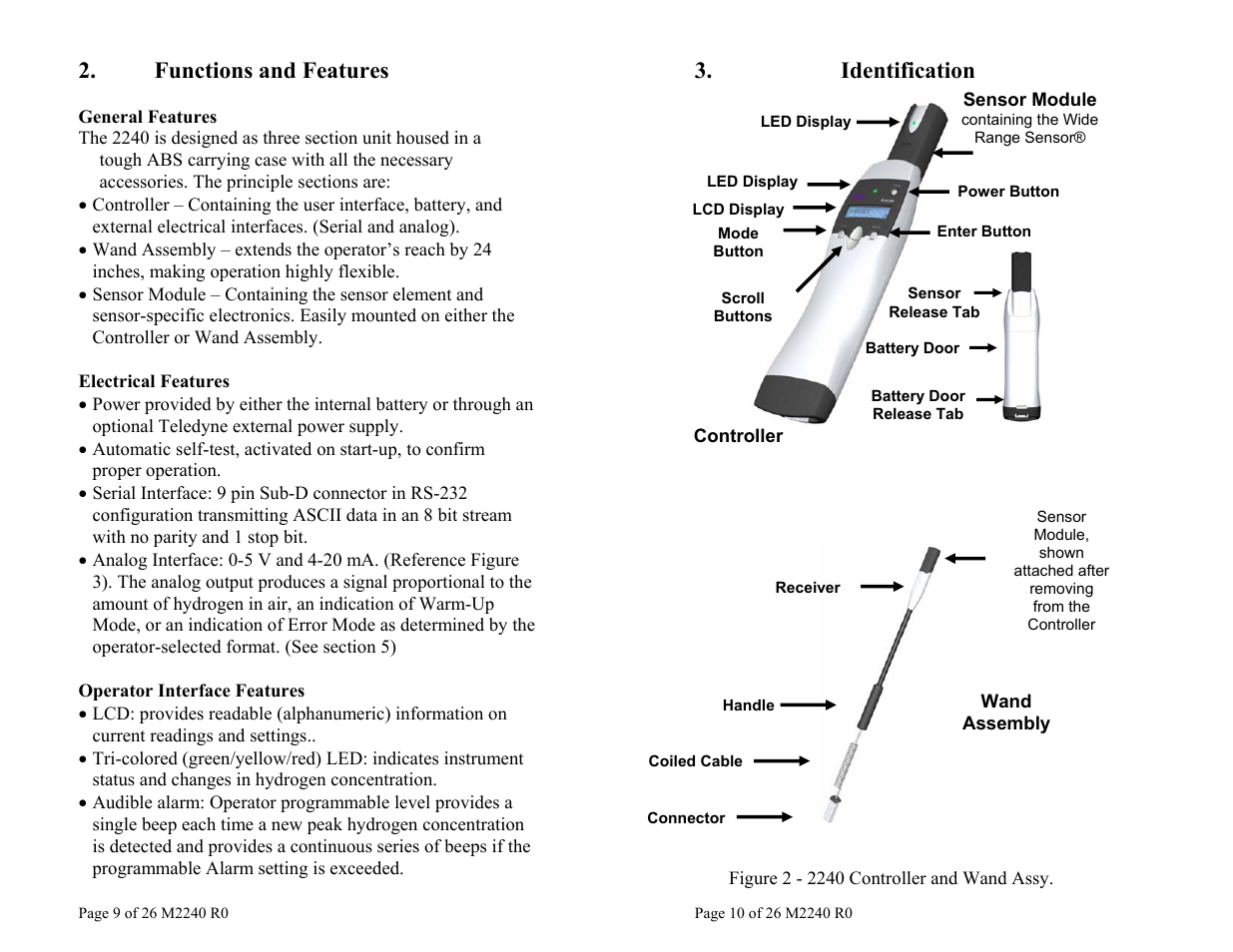 2240 functions and features, Component identification | Teledyne 2240 – Portable Handheld Hydrogen Leak Detector, 2nd generation User Manual | Page 5 / 13
