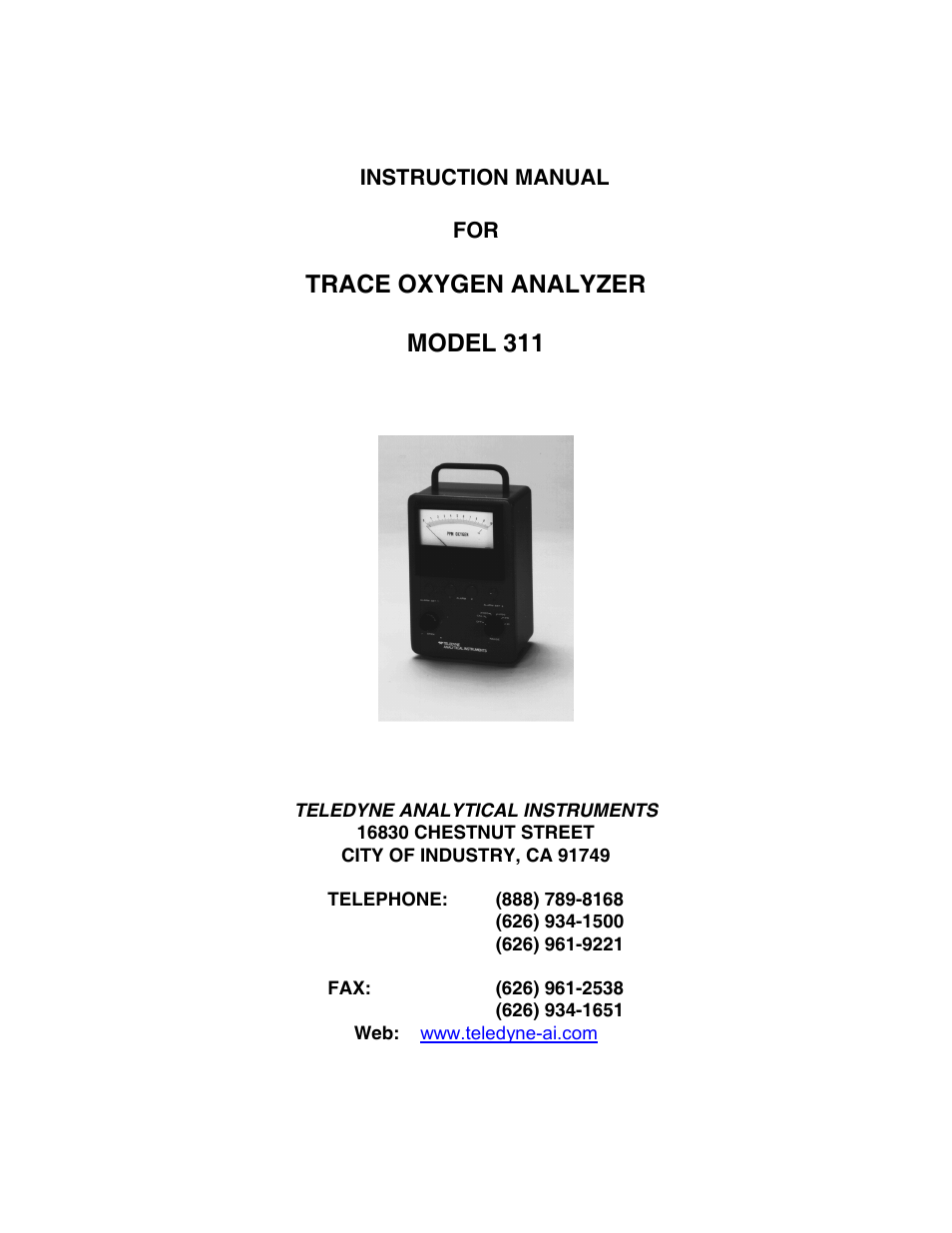 Teledyne 311 - Portable trace oxygen analyzer User Manual | 19 pages