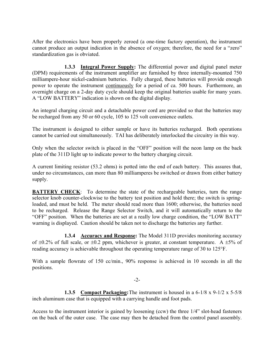 Teledyne 311D - Portable trace oxygen analyzer with digital meter User Manual | Page 4 / 18