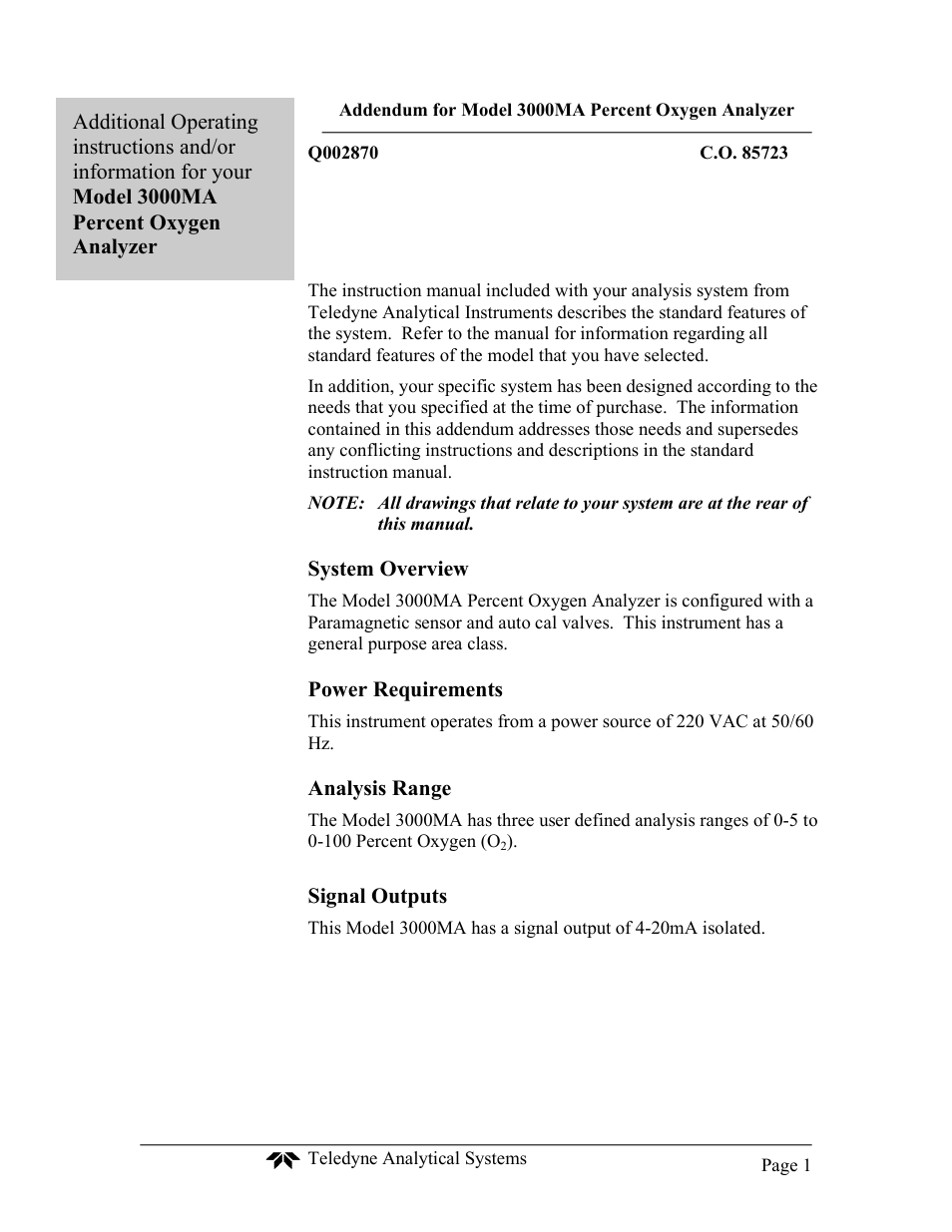 Teledyne 3000MA - Paramagnetic oxygen analyzer Addendum User Manual | 2 pages