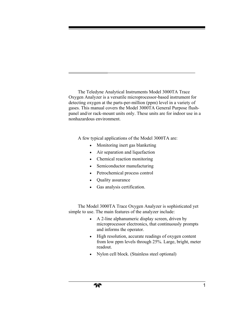 Introduction | Teledyne 3000TA-EU - General purpose trace oxygen analyzer User Manual | Page 13 / 89