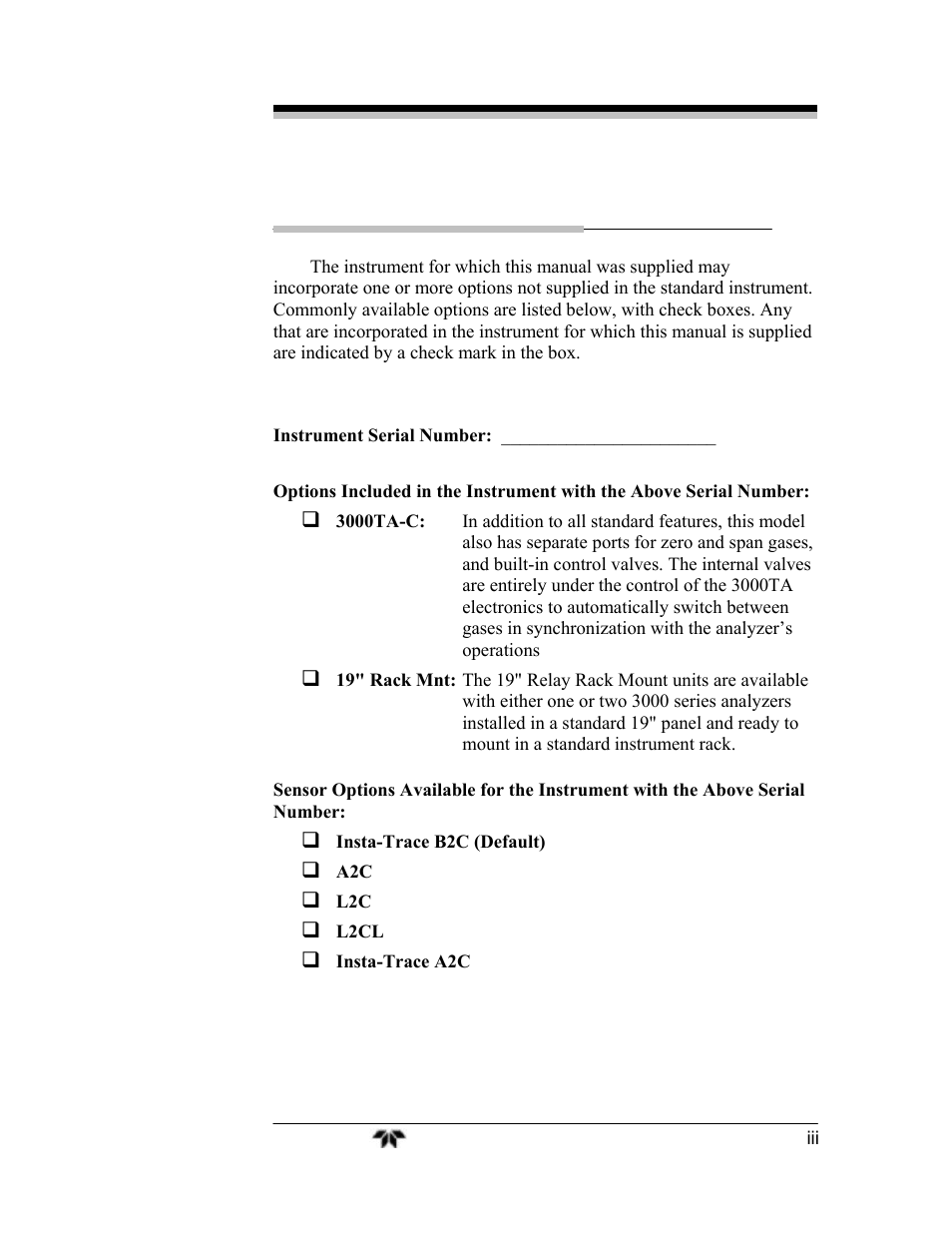 Specific model information | Teledyne 3000TA-EU - General purpose trace oxygen analyzer User Manual | Page 3 / 89