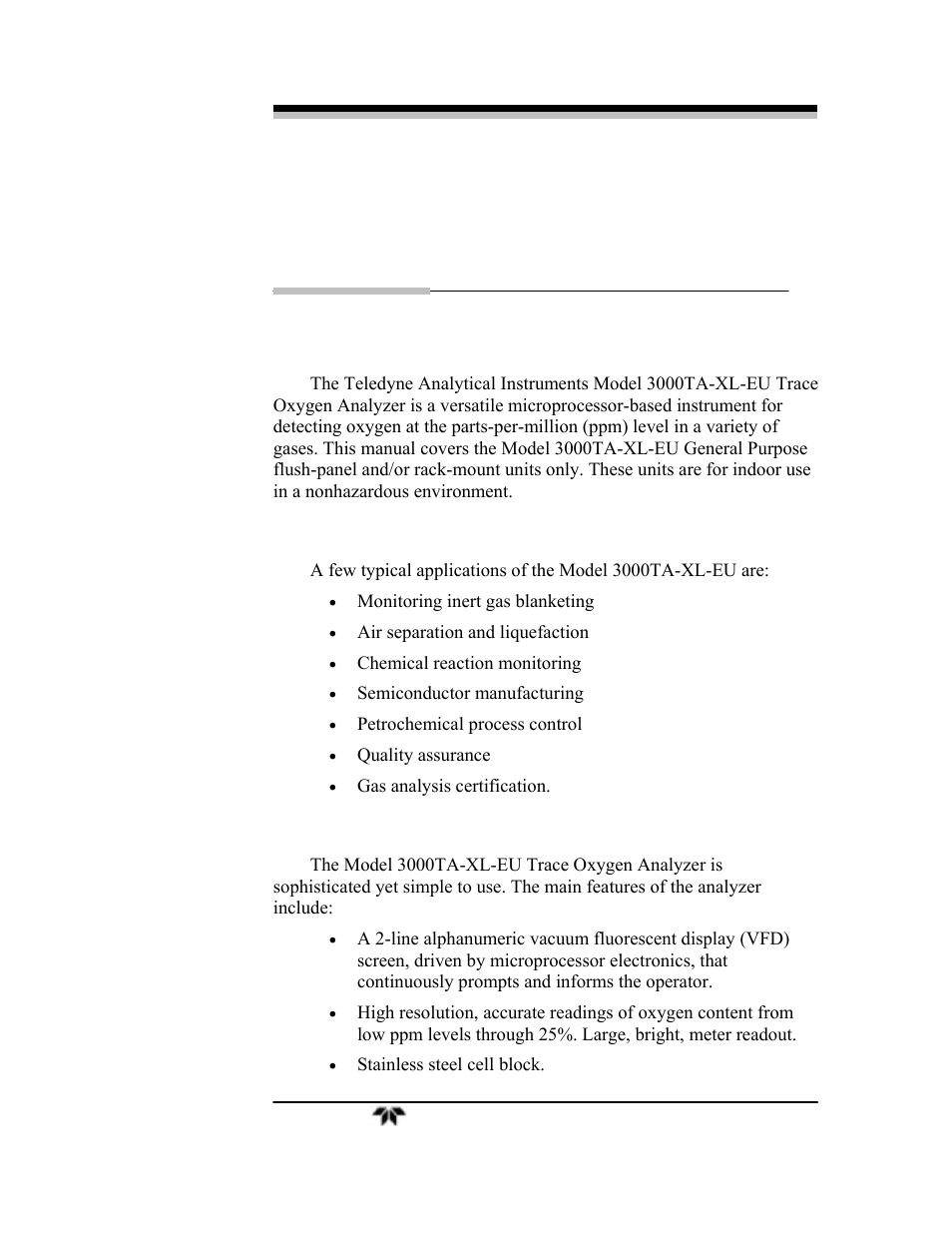 Introduction | Teledyne 3000TA-XLEU - Trace oxygen analyzer User Manual | Page 17 / 108