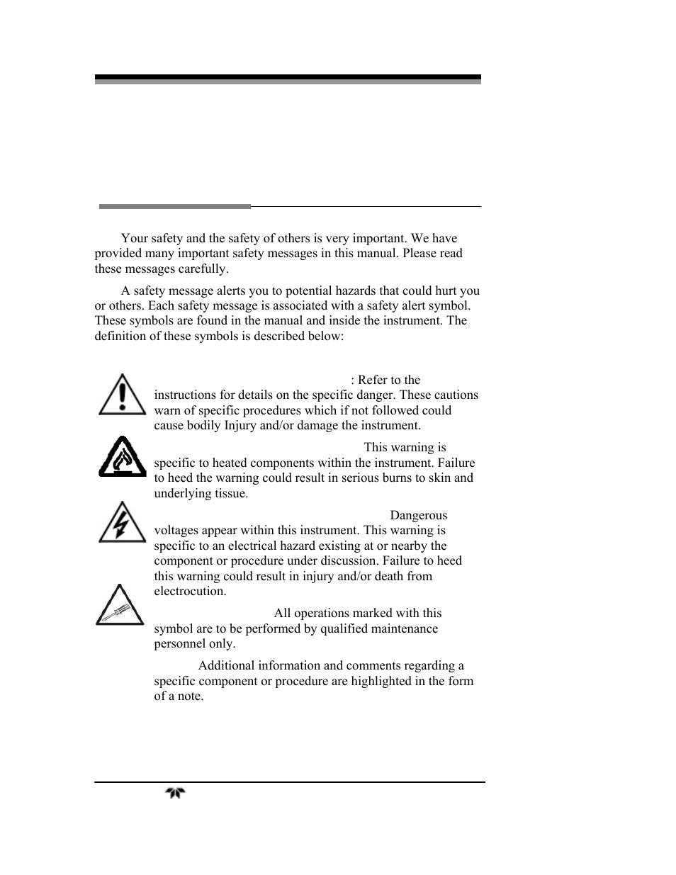 Safety messages | Teledyne 3000TA-XLEU - Trace oxygen analyzer User Manual | Page 6 / 108