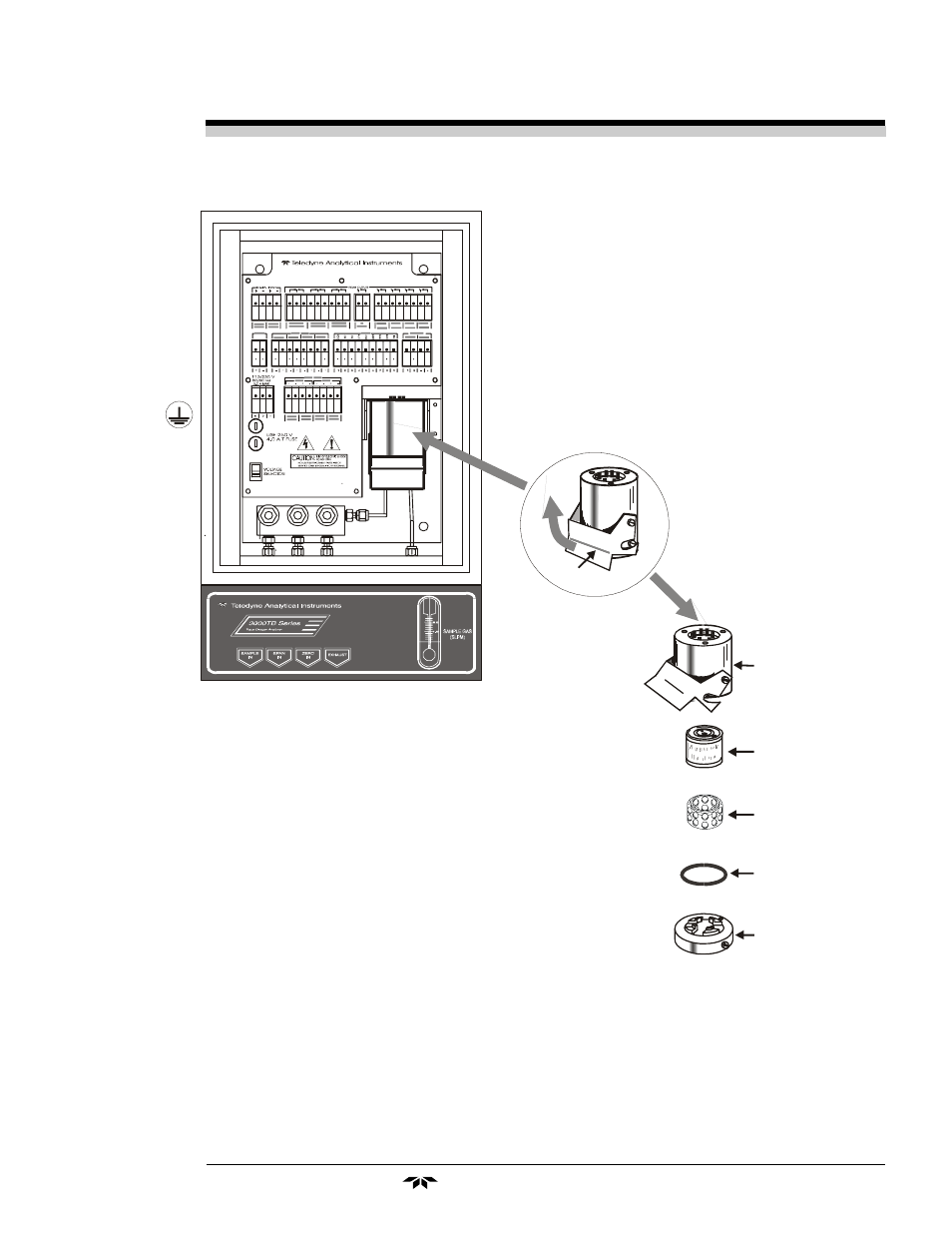 Trace oxygen analyzer maintenance 5, Teledyne analytical instruments, Outer and inner doors removed for clarity | Teledyne 3000TB-XL - Trace oxygen analyzer User Manual | Page 67 / 78