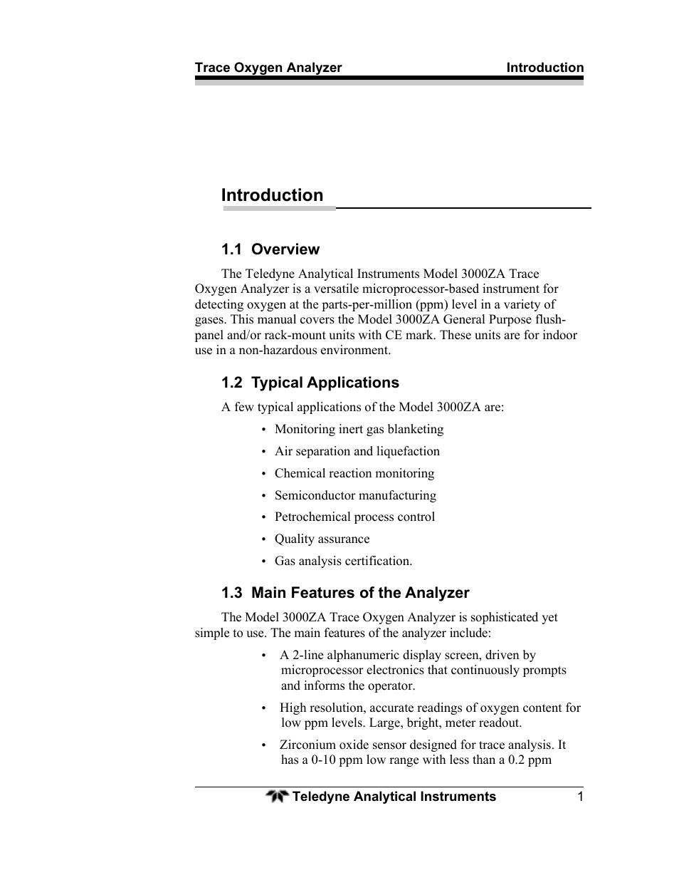 Introduction | Teledyne 3000ZA - Trace oxygen analyzer User Manual | Page 13 / 81