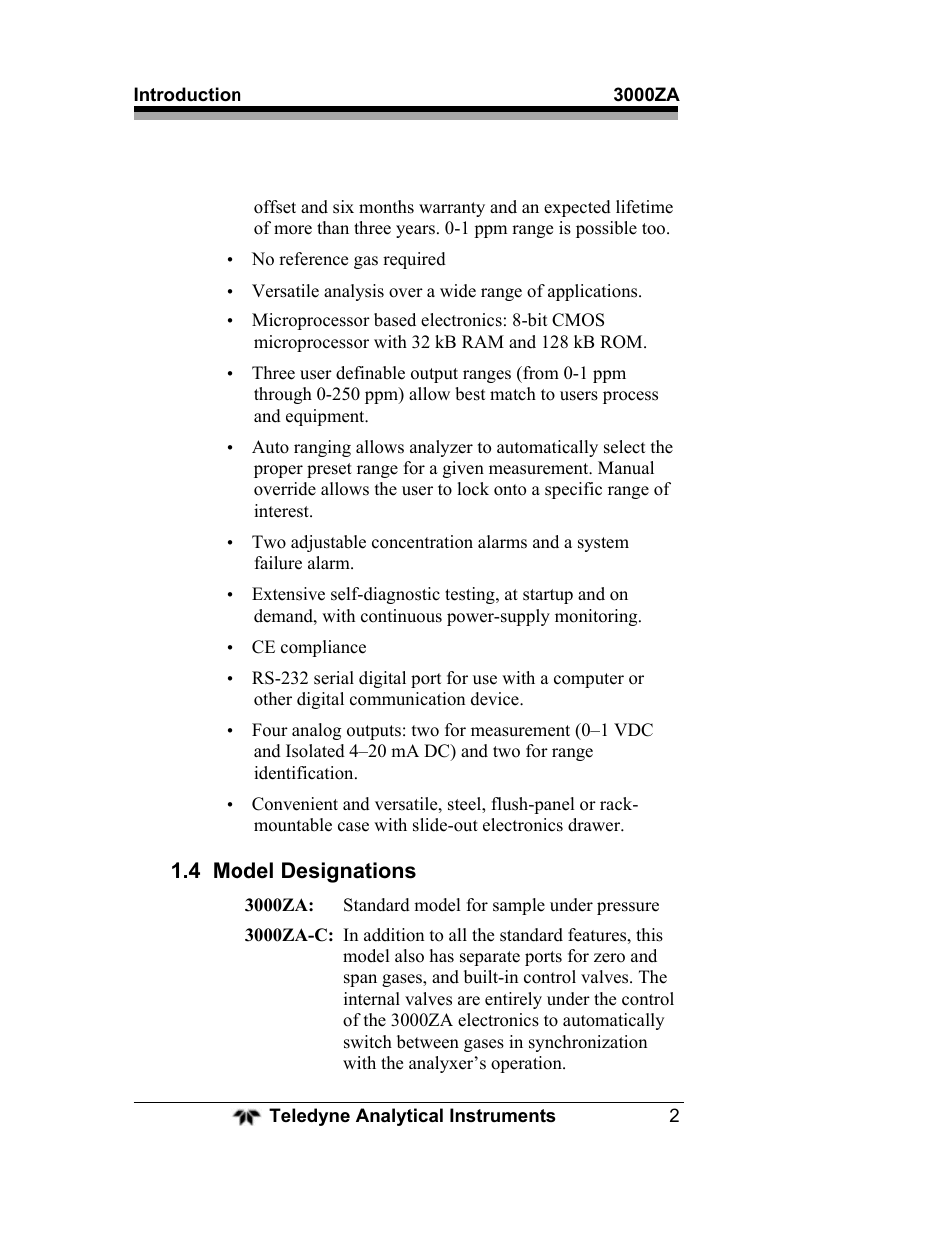 4 model designations | Teledyne 3000ZA - Trace oxygen analyzer User Manual | Page 14 / 81