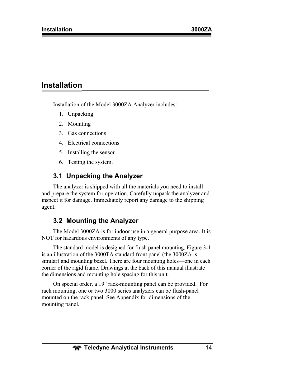 Installation | Teledyne 3000ZA - Trace oxygen analyzer User Manual | Page 26 / 81