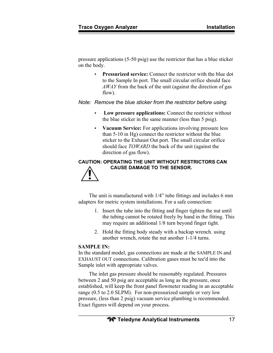 Teledyne 3000ZA - Trace oxygen analyzer User Manual | Page 29 / 81