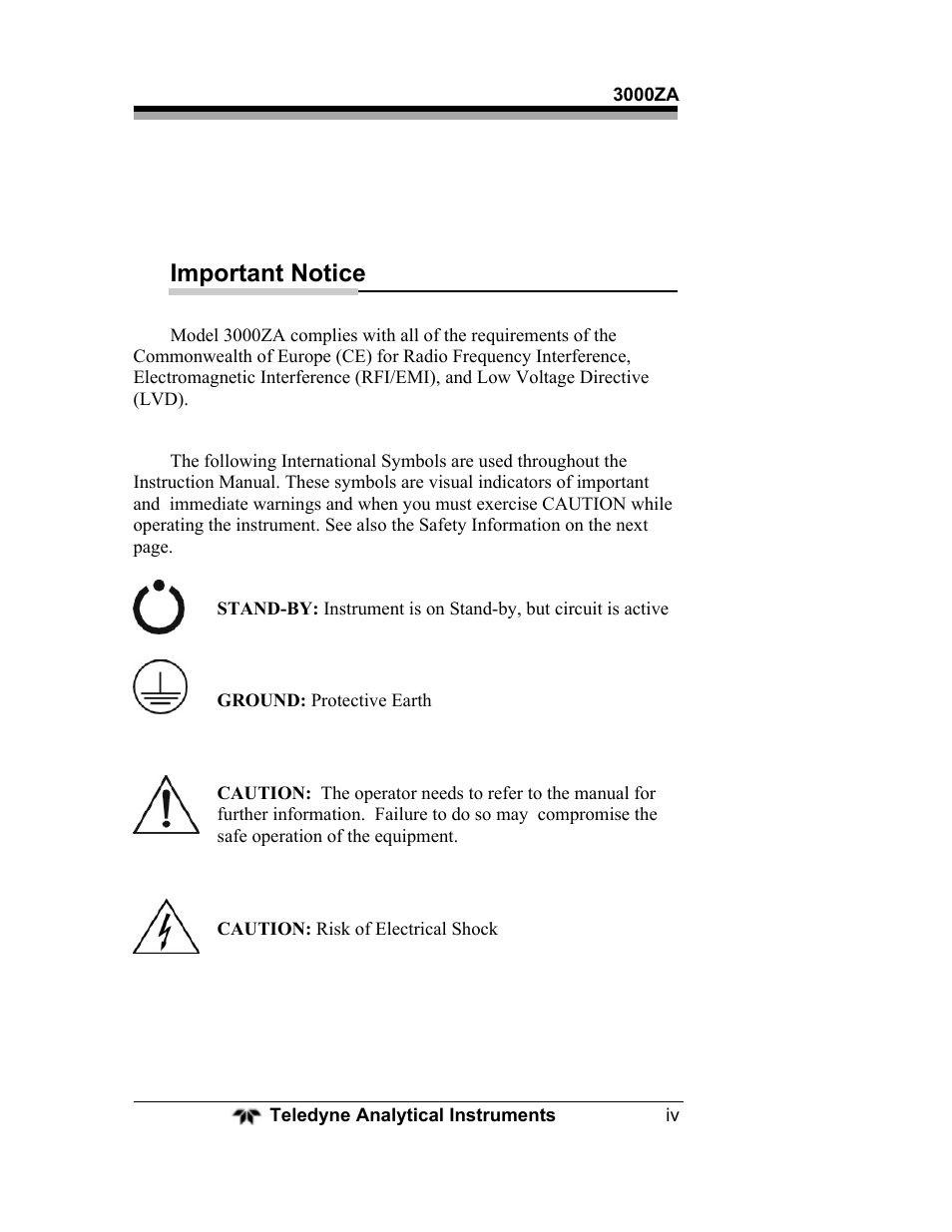Important notice | Teledyne 3000ZA - Trace oxygen analyzer User Manual | Page 4 / 81