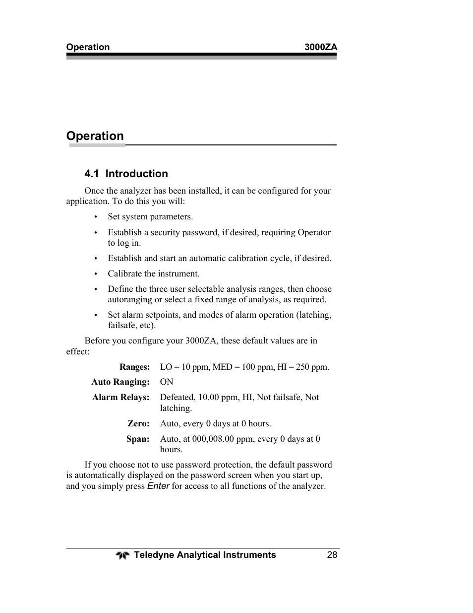 Operation | Teledyne 3000ZA - Trace oxygen analyzer User Manual | Page 40 / 81