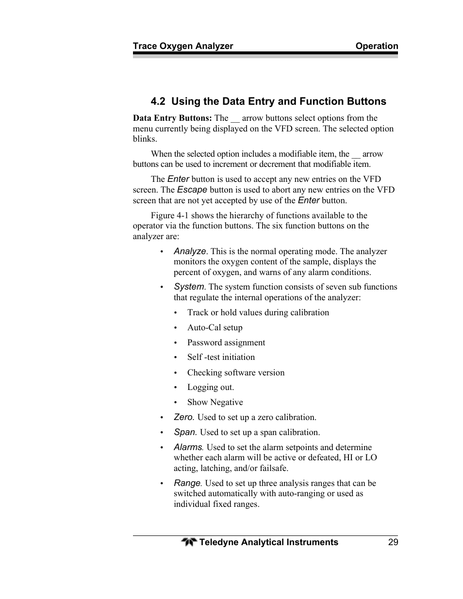 2 using the data entry and function buttons | Teledyne 3000ZA - Trace oxygen analyzer User Manual | Page 41 / 81