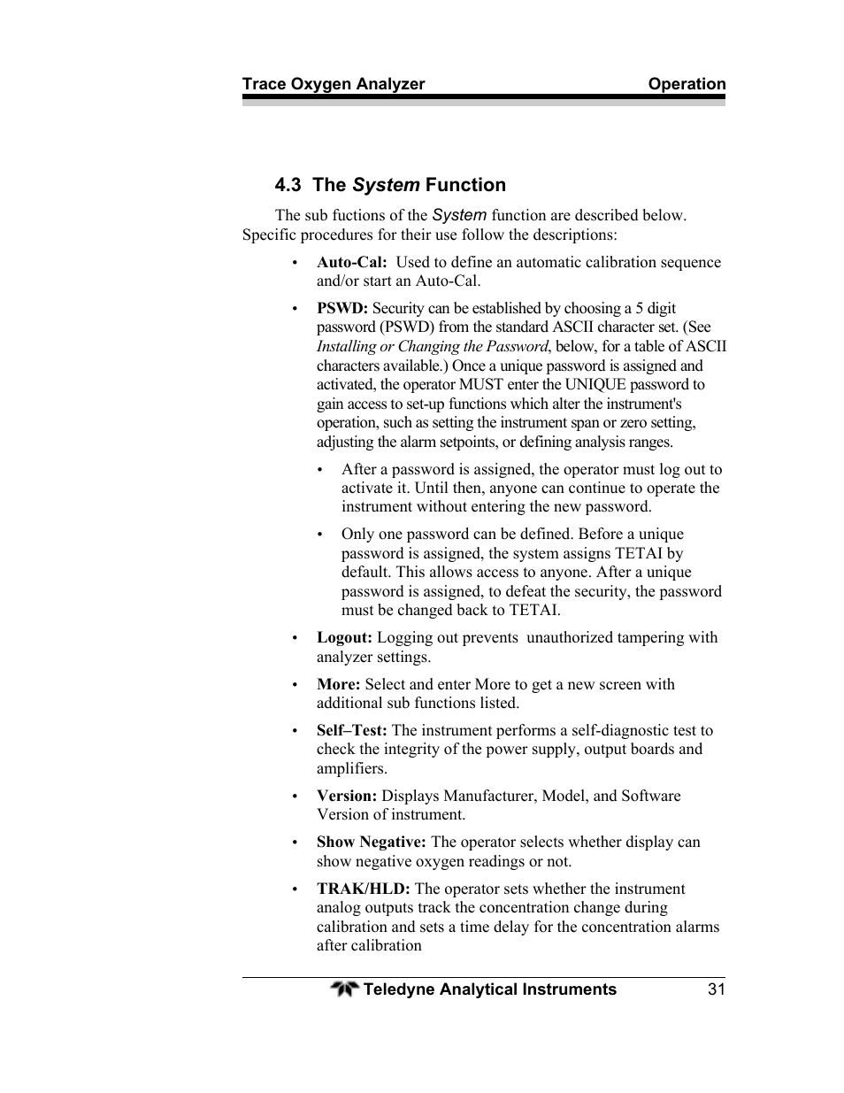 3 the system function | Teledyne 3000ZA - Trace oxygen analyzer User Manual | Page 43 / 81