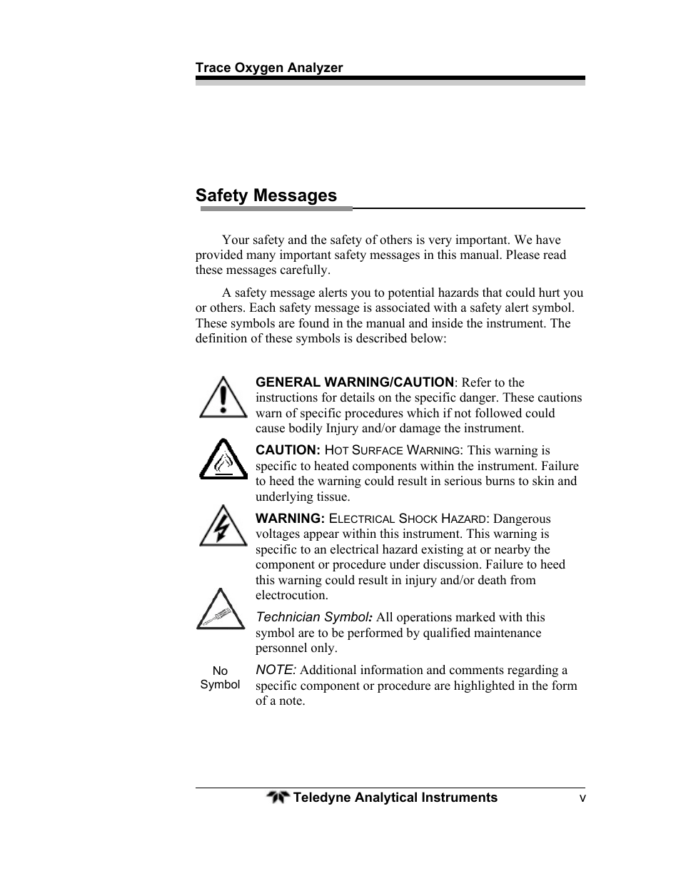 Safety messages | Teledyne 3000ZA - Trace oxygen analyzer User Manual | Page 5 / 81