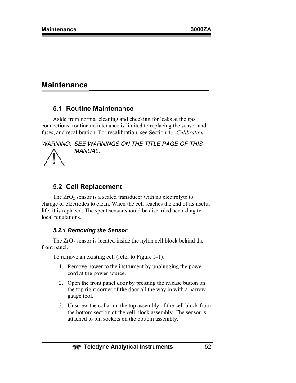 Maintenance | Teledyne 3000ZA - Trace oxygen analyzer User Manual | Page 64 / 81