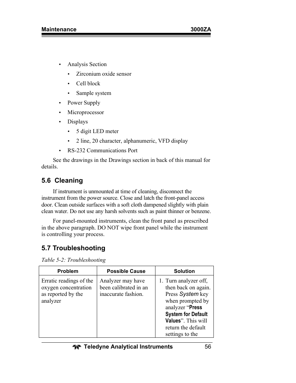 6 cleaning, 7 troubleshooting | Teledyne 3000ZA - Trace oxygen analyzer User Manual | Page 68 / 81