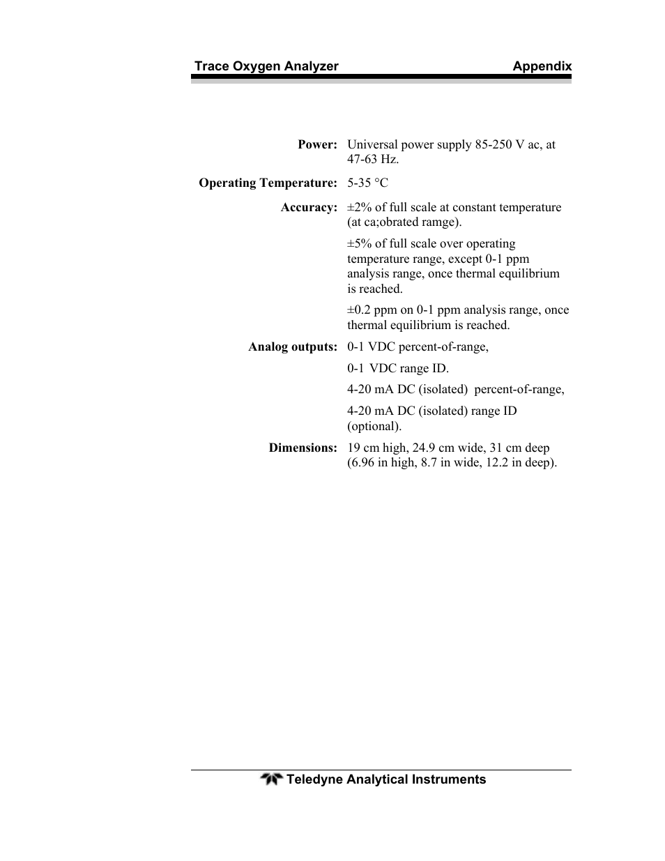 Teledyne 3000ZA - Trace oxygen analyzer User Manual | Page 71 / 81