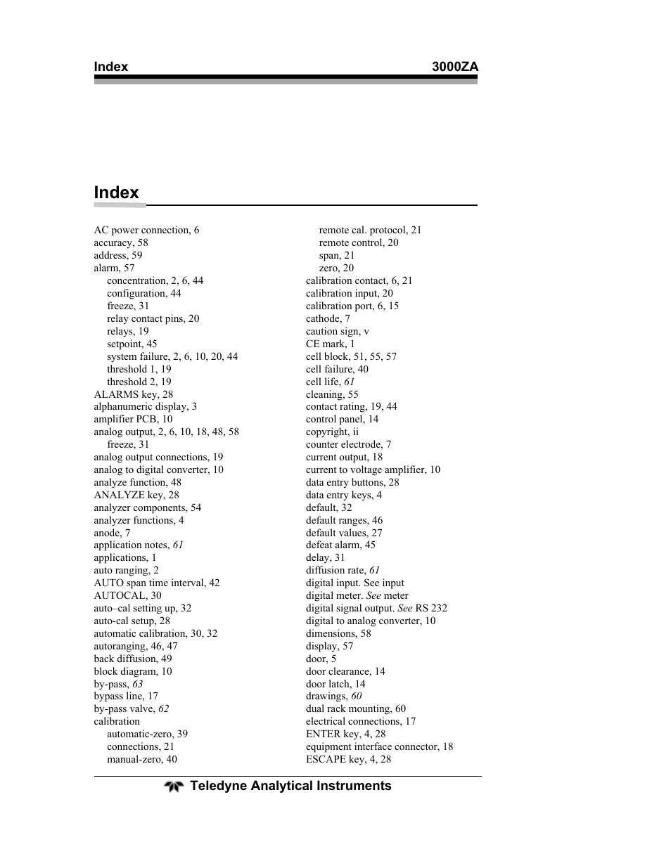 Index | Teledyne 3000ZA - Trace oxygen analyzer User Manual | Page 78 / 81