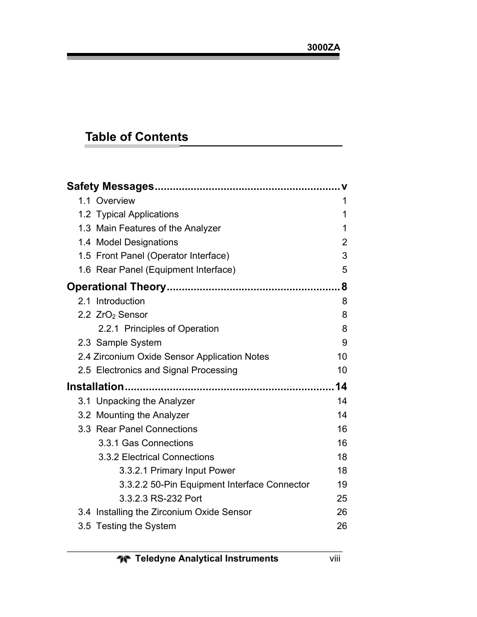 Teledyne 3000ZA - Trace oxygen analyzer User Manual | Page 8 / 81