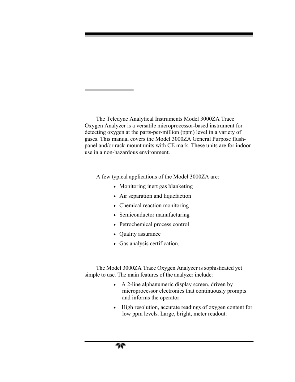 Introduction | Teledyne 3000ZA-3X - Trace oxygen analyzer User Manual | Page 13 / 72