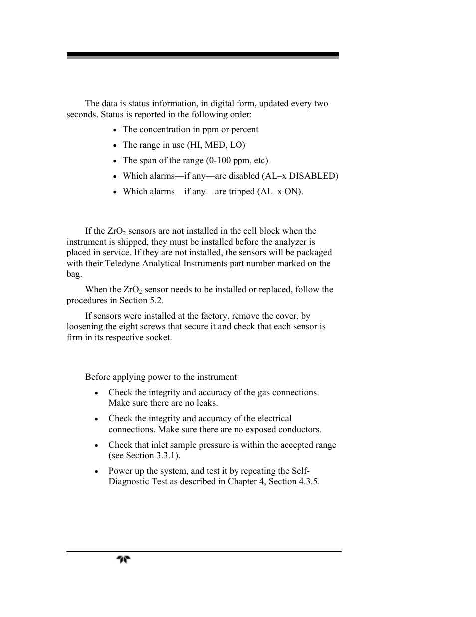 4 installing the zirconium oxide sensors, 5 testing the system | Teledyne 3000ZA-3X - Trace oxygen analyzer User Manual | Page 38 / 72