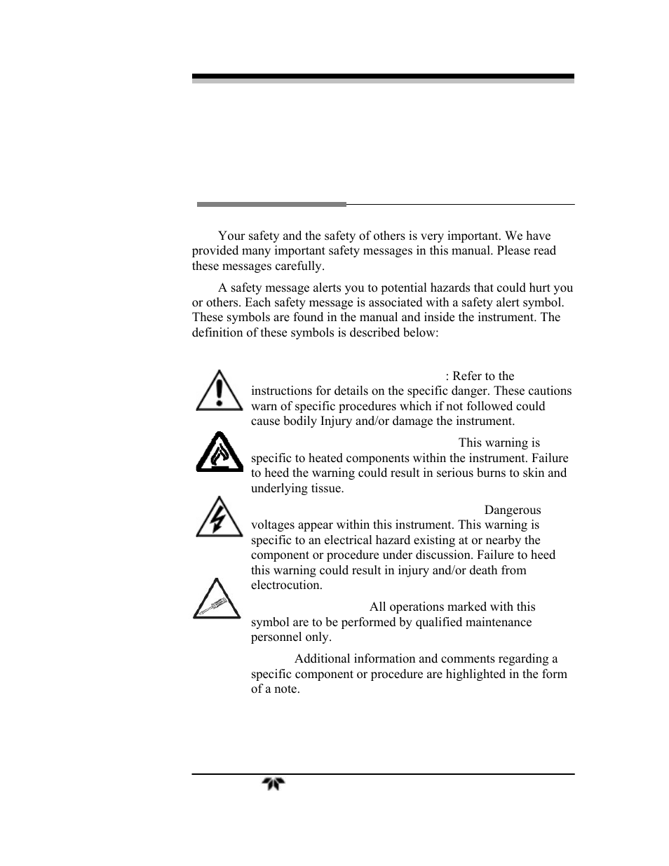 Safety messages | Teledyne 3000ZA-3X - Trace oxygen analyzer User Manual | Page 5 / 72