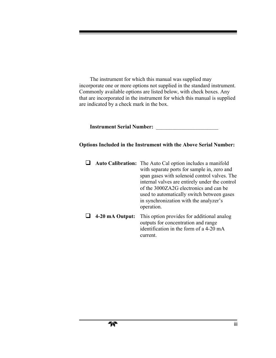Specific model information | Teledyne 3000ZA2G - Zirconium oxide analyzer User Manual | Page 3 / 72