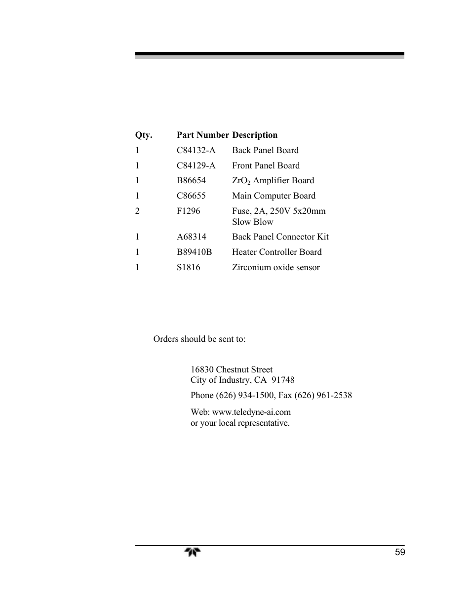 Teledyne 3000ZA2G - Zirconium oxide analyzer User Manual | Page 71 / 72