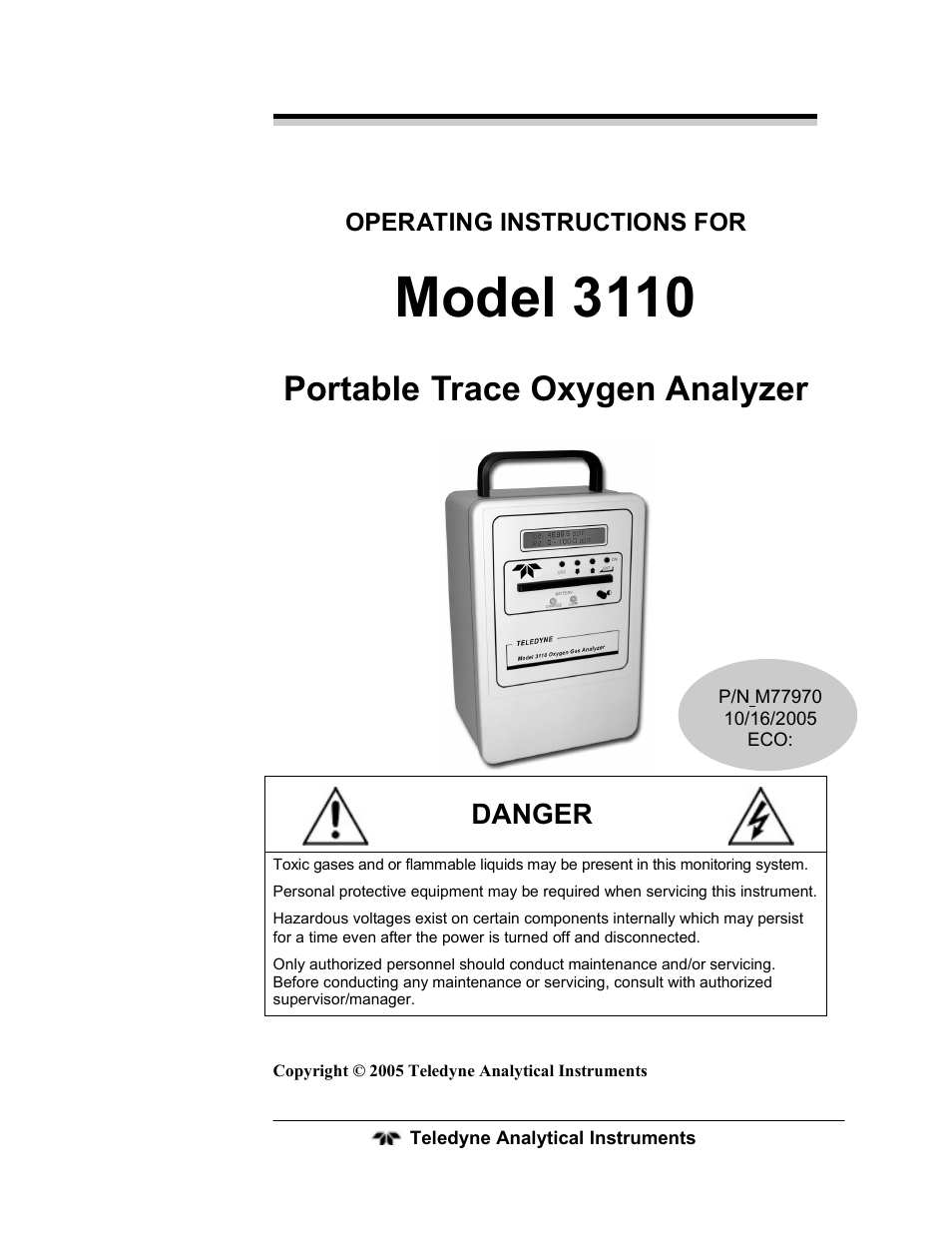 Teledyne 3110 – Portable Trace/Percent Oxygen Analyzer, unapproved version User Manual | 52 pages